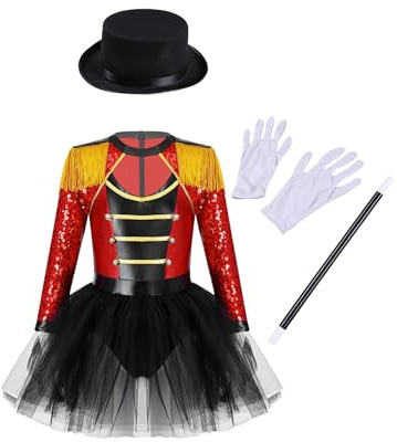 Alvivi Flicka cirkus klänning glitter dansklänning långärmad cirkusdirektör body overall frack kostym ringmaster kläder showman danskostym röd 110–116