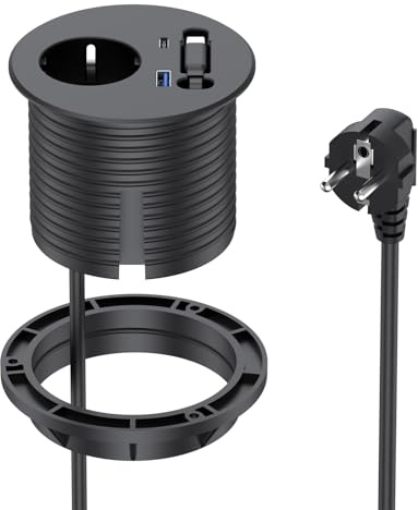 Inbyggt uttag med USB-retraktorkabel | BQO Skrivbordsutgång 80 mm med 1 UK-kontakt, utdragbart uttag med 1 USB-A och 1 USB-C för bänkskiva, kök