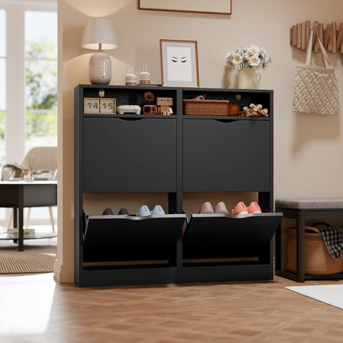 ELUCHANG Schuhschrank schmal mit 4 Klappen Platzsparender, Geschlossen Schuhregal Schuhkipper Schuhkommode mit 4 Ablagen, Shoe Cabinet Flurschrank für Diele/Flur/Garderobe, Schwarz
