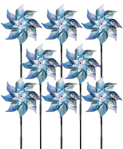 YEDPGUE Lot de 8 Moulins à Vent Laser Réfléchissants Anti-Oiseaux, Moulin à Vent Jardin Exterieur, Effaroucheur Oiseaux, Anti-Pigeons pour Balcon, Jardin, Verger et Potager