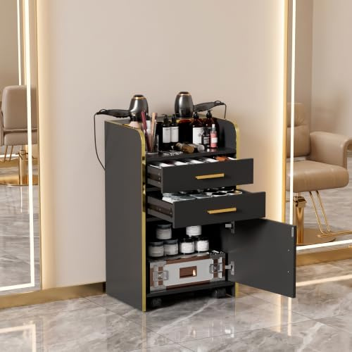 MSFE Carro Ayudante de Peluqueria Profesional,Carro de Servicio de Madera con 2 Cajones,1 Armario,4 Ruedas Universales y 2 Soportes para Secador,Moderno Carrito de Trabajo para Baño o Salón,45*35*80CM