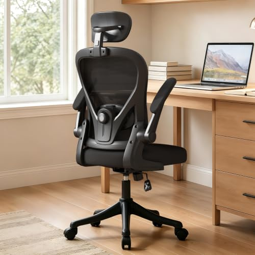 WXJHL Ergonomisk Kontorsstol med Justerbart Svankstöd, Skrivbordsstol med Uppfällbara Armstöd & Nackstöd, Ventilerande Mesh Datastol för Hemmakontor, Arbete, Studier och Gaming, Svart