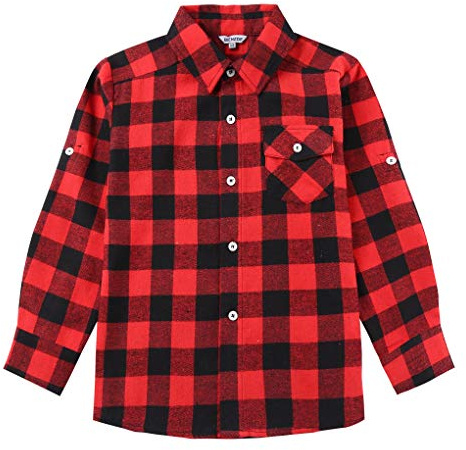 Bienzoe Boys Button Down Shirt: Kids Plaid Flannel Long Sleeve Shirts Red Black 5/6