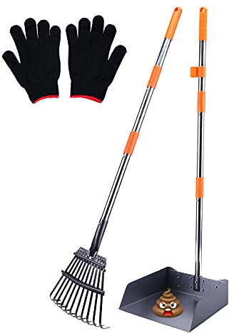 HAPPY HACHI Hundekotschaufel und Harke Set, Hundekotsammler mit verstallber Länge Griff, für große und kleine Hunde, Pooper Scooper mit Behälter zur Entfernung von Tierabfällen (Silber, S)