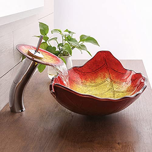 XYEJL Tempered Glass Wash Basin, Bathroom Sinks, Bathroom Room Countertop, Art Basin Red Yellow Gradient Basin + Faucetandaccessories, for Bathroom Toilet Cloakroom,B