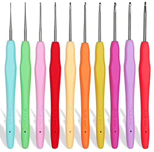 Aeelike 10 Stücke Spitze Häkelnadel Set, 0,5-2,75 mm Häkelnadeln mit Bunte Weichem Gummi Griff, Feine Häkelnadeln mit Ergonomische Dünn Griff, Kleine Größe Häkeln Set für Untersetzer, Stoff Spitze