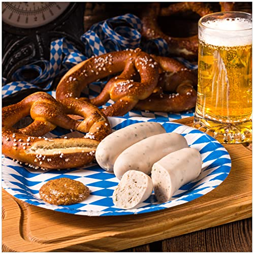 Wallario Glasbild Bayerische Brotzeit mit Weißwurst, Brezel und Bier - 50 x 50 cm Wandbilder Glas in Premium-Qualität: Brillante Farben, freischwebende Optik