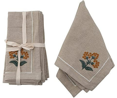 Creative Co-Op Cotton Napkins with Floral Embroidery and French Knots, Set of 4, Multicolor