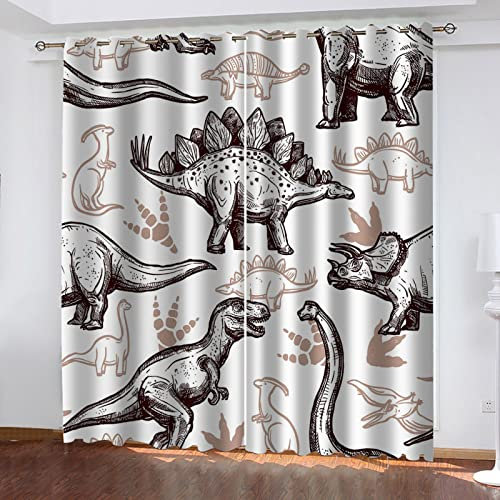 Kinder Gardinen Kinderzimmer Junge Mädchen Blickdicht Schwarz-Weiß-Cartoon-Dinosaurier 140X160Cm 2Er Set Verdunkelungsvorhang Thermovorhang Hitzeschutz Vorhänge Wohnzimmer Schlafzimmer Vorhänge Mit Ö
