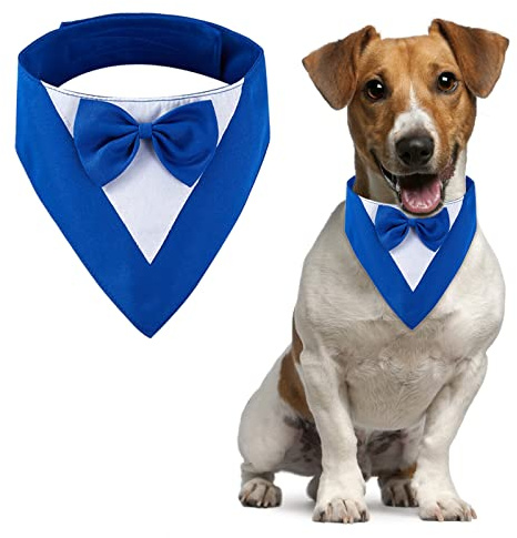 URROMA 1 x Hunde-Smoking-Bandana, Hochzeits-Bandana-Halsband, verstellbares Haustier-Party-Halsband mit Fliege für Hunde, blau, XS