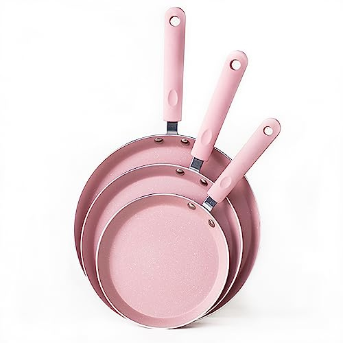 JUSTUP Nonstick Frying Pan Set, 3-Piece Pink Kitchen Cookware with Non-Stick Coating, 10, 8 and 6 Inch Non-Stick Cooking Set for All Stoves
