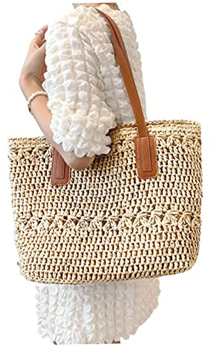 Jorzer Sac de plage de paille pour femmes sac de paille sac de vacances d'été grande capacité sac de fourre de plage Sac épaule tissé pour les vacances d'été essentiels beige