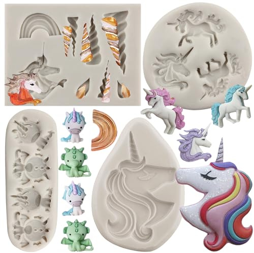 MYPRACS 4 Stück Einhorn Silikonformen Einhorn Hornohren Fondant Formen | Regenbogen Formen Kuchendekoration Cupcake Topper Gelee Schokolade Süßigkeiten Polymer Ton Gummipaste