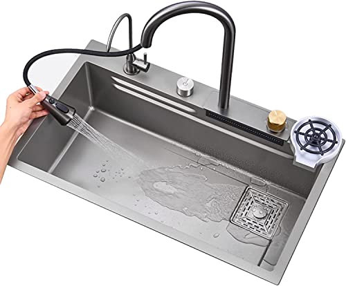 Spülbecken für Zuhause, Küchenspülen, Spülbeckenpistole, graues Edelstahl-Nano-Wasserfall-Spülbecken, gewerbliche Spüle, Einzelbecken mit herunterziehbarem Wasserhahn
