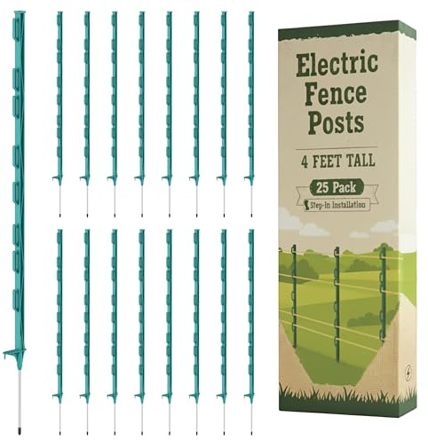 Houseables Electric Fence Posts, Step In Fence Post, Electric Fencing, Garden Stakes, Garden Poles, Kit For Wire Fencing, Deer, Livestock, Temporary, Fiberglass, Plastic, Green, Ground Rod, 4FT, 25 PK