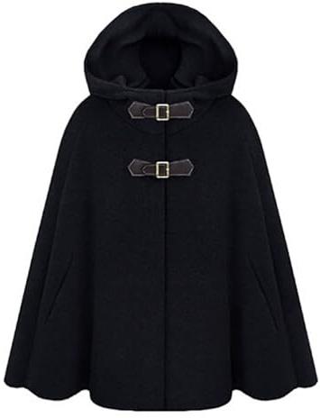 PengGengA Cappotto da Donna con Cappuccio Misto Lana Poncho Cape Mantella Giacca con fibbia per Inverno Autunno - Nero, XXL