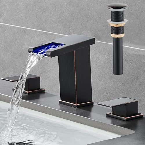 AVSIILE LED Bathroom Faucet 3 Hole, Oil Rubbed Bronze Waterfall Bathroom Faucets, 8 Inch Widespread Modern Bathroom Sink Faucet & Parts, Wide Spread Touch On Three Hole 2 Handle Bathroom Vanity Faucet
