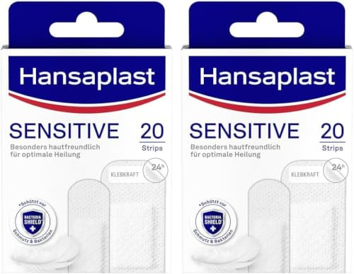 Hansaplast Sensitive Pflaster (20 Strips), hautfreundliche und hypoallergene Wundpflaster mit Bacteria Shield & sicherer Klebkraft, schmerzlos zu entfernende Pflaster (Packung mit 2)