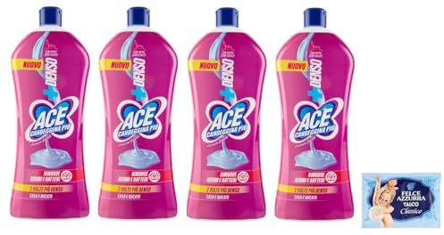 4x Ace Candeggina Più +Denso Armonie Floreali - igienizza superfici e bucato in profondità - Bottiglia Squeeze 1Lt + 1 Confezione di Talco Felce Azzurra in omaggio, Busta da 100g
