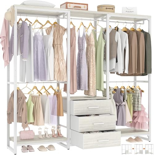 Aheaplus Garment Rack Heavy Duty Clothes Rack for Hanging Clothes,Clothing Racks with Drawers, Wood Stoarge Shelf Freestanding Closet Wardrobe, Corner L Shaped Closet System Organizers, White Oak