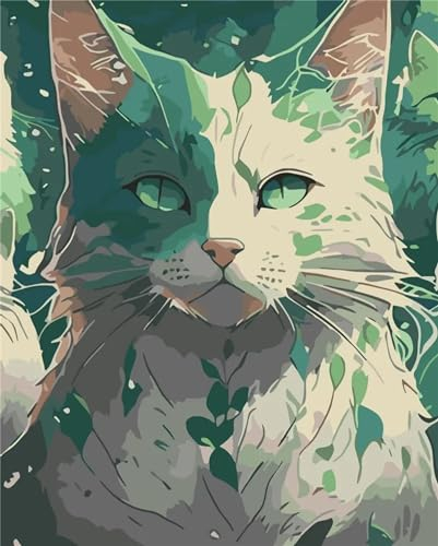 Cekog Malen Nach Zahlen Erwachsene Grüne Katze DIY Handgemalt Ölgemälde Leinwand Kits für Erwachsene Kinder mit Pinseln Acrylpigment Zeichnung Paint by Numbers für Haus Wand Decor 40x50cm,mit Rahmen