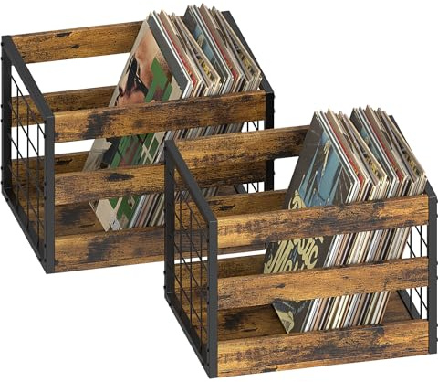 NOVIMANGO Record Crate Storage, 2 Pack Vinyl Record Storage Crates, Wooden Record Organizer, Vinyl Record Holder with Handle, Holds 120 Records