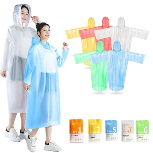 MOAZIFI 5 Stück regenponcho einweg, Damen einmal regenponcho festival bunt mit kapuze, regencape einweg, einweg poncho erwachsene, Portable und Faltbare, reißfestem