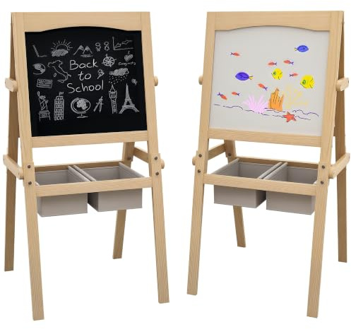 AIYAPLAY Kids Easel with Paper Roll 3 in 1 for Ages 3-6 Natural Wood Finish | Art Easel for Toddlers, Double-Sided Kids Whiteboard Blackboard, Storage Baskets