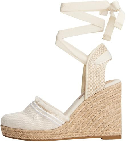 Tommy Hilfiger Alpargatas con cuña Mujer Fringe Canvas con tacón de cuña, Marfil (Muslin), 36