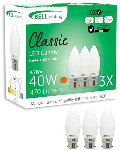 BELL Lighting B22 Dimmable LED Candle Bulbs 4.7W 470lm Natural White 3 Pack | Dimmable B22 bayonet LED candle bulbs with 4000K natural white light, 470lm output and 40W equivalent brightness.