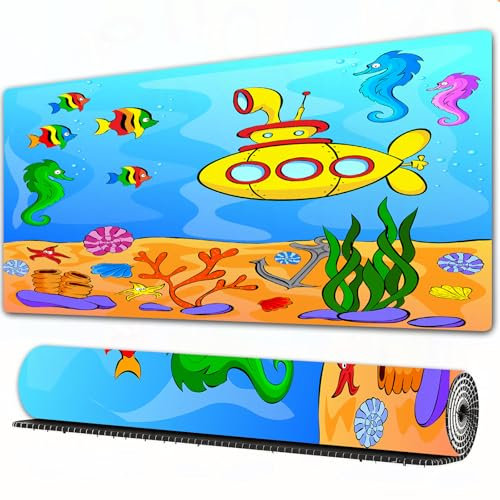 FEHWI 90×40 cm Verlängertes großes Mauspad Schreibtischauflage,Unterwasserwelt, mit, gelb, Submarine., Karikatur, Abbildung, mit, Fische,genähte Kanten Gaming mauspads,rutschfeste Gummibasis