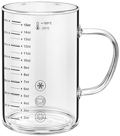 Vaso de cristal graduado, vaso medidor de vidrio de borosilicato alto para ancianos, principiantes, pérdida de peso, con medidas para agua, leche, jugo, batido, café (450 ml)