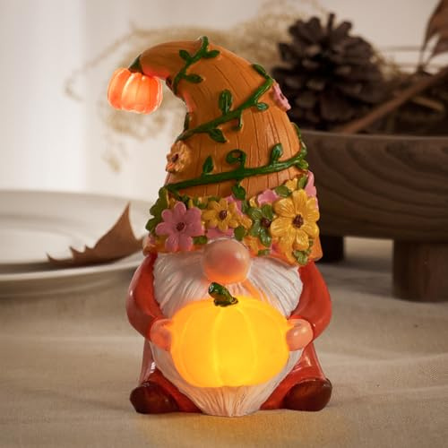 DN DECONATION Herbst Wichtel Deko Kürbis Gartenzwerg Licht Herbstdekoration | mit Licht Herbstdekoration Aesthetic Zwerge Figur Harz Kürbis Deko Indoor Wichtel Statue für Erntedank Tischdeko
