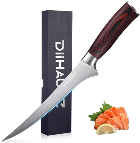 DiiHAUZZ Couteau à Filet, Couteau à Fileter Japonais 18cm, Couteau à Désosser Poisson Professionnel en Acier à Haute Teneur en Carbone, Lame Ultra Tranchante à Haute Dureté, Manche Ergonomique