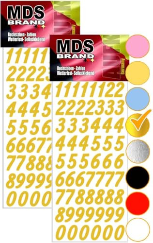 MDS Brand 2cm Zahlen Aufkleber 0-9, Schriftgröße ca. 20 mm, selbstklebend klein Nummer Ziffer, Unsere Klebezahlen sind Ideal für Adventskalender, luftballon und Buro (2, Gold)