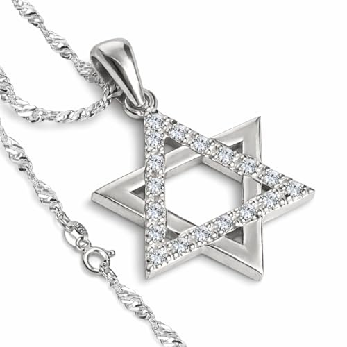 925 Sterling Silver Star of David Necklace for Women - Dainty White CZ Magen David Pendant with 20 Singapore Chain - Judaica Jewelry - Jewish Bat Mitzvah Gift