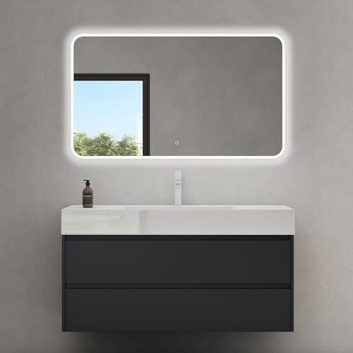 doporro Badmöbel Set mit Waschtisch Badezimmer Unterschrank Wandmontage Waschbeckenunterschrank Matt Anthrazit 120x48x63cm inkl. Waschbecken aus Mineralguss und LED-Badpiegel Deep