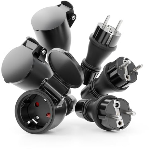 greate 230V Schuko Stecker Kupplung 6er Set - Stecker und Kupplung 230V | 2-polig, 16A & 3,7kW - Wasserdicht nach IP54 mit Knickschutz & Zugentlastung