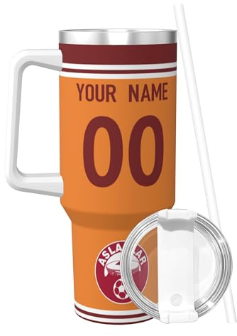 Generisch Thermobecher mit Namen & Nummer,Edelstahl Trinkflasche 1.2L(40 OZ) mit Strohhalm und Henkel - Thermosflasche BPA Frei - Geschenke Für Fußballfans