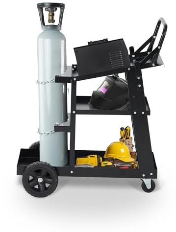 Garvee Welding Cart, 3-Tier Welder Trolley Heavy Duty with 122kg Weight Capacity, Welder Cart with Tank Storage Safety Chains & 360° Swivel Wheels, Tilt-Table for MIG TIG Plasma Cutter Welding Machine
