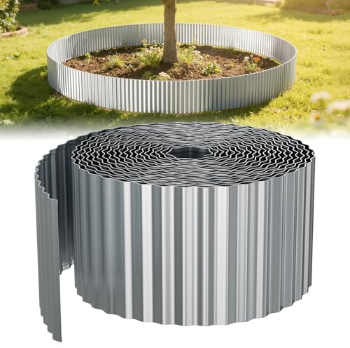 Peviasot Bordure de pelouse, 20 m, 15 cm de haut, en métal, 0,3 mm en acier avec bords repliés, profil ondulé, argenté galvanisé, bordure de parterre pour jardin