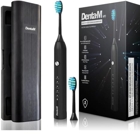 Denta-M Ultraschall Zahnbürste mit Reiseetui – Elektrische Zahnbürste + Hartschalen Etui – 40.000 Vibrationen, 5 Modi, 8 Tage Akku, IPX7 wasserdicht