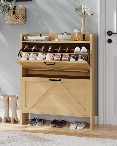 GarveeMore Breit 80 X24x100 Hoch cm Schuhschrank Mit 2 Klappen, Verstellbare Zweistufige Regalböden, Schmal Schuhkipper Schuhe Schrank Shoe Cabinet für Flur, Holz Boho