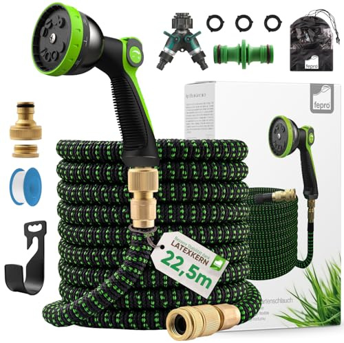 Florafix Flexibler Premium Gartenschlauch, Wasserschlauch Flexibel mit 3-Fach Latexkern, Dehnbarer FlexiSchlauch, Alle Verschraubungen aus Hochwertigem Messing (ausgedehnt 22,5m)