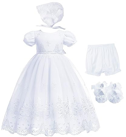 Bow Dream Baby Girls Christening Baptism Dress Formal Party Special Occasion Dresses for Toddler 4Pcs White 6-12 Months