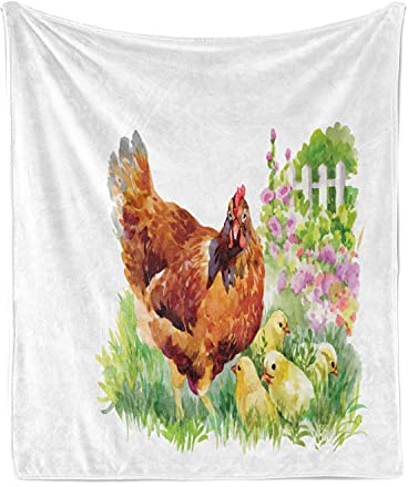 Lunarable Chicken Throw Blanket, Aquerelle Hen and Her Chicks on a Garden with White Fences and Pale Pink Flowers, Flannel Fleece Accent Piece Soft Couch Cover for Adults, 60 x 80, Multicolor
