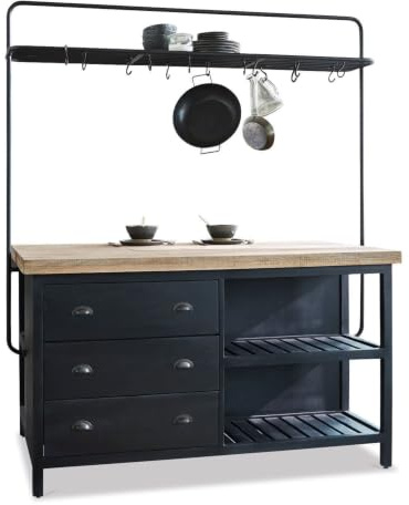 LOBERON Küchenblock Anett, Industrial-Style, Großzügige Arbeitsfläche, viel Stauraum, Praktische Gitterablage, Kücheninsel, Küchenmöbel, Mangoholz, Eisen, schwarz/braun