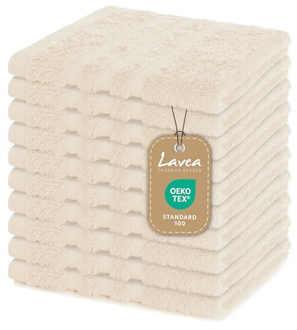 Lavea® Lot de 10 Lavettes 30x30 cm en Éponge 100% Coton – Serviettes Visage et Invités, Douces et Absorbantes – pour Bébés, Maquillage, Maison et Voyage – Crème