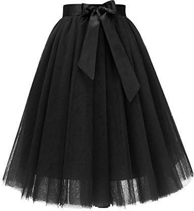 Black Tulle Skirt for Women 6 Layers Elastic Waistband Prom Party Dress Black S