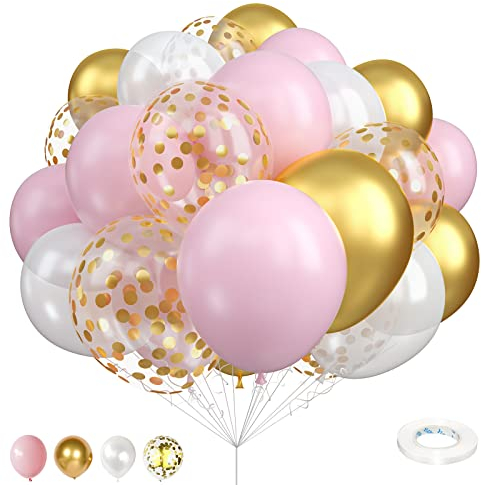 Pastel Pink & White Metallic Chrome Gold Confetti Latex Balloons - 12 Inch, Baby Pink Gold Party Balloons Set for Girls' Birthday & Princess Party Decorations